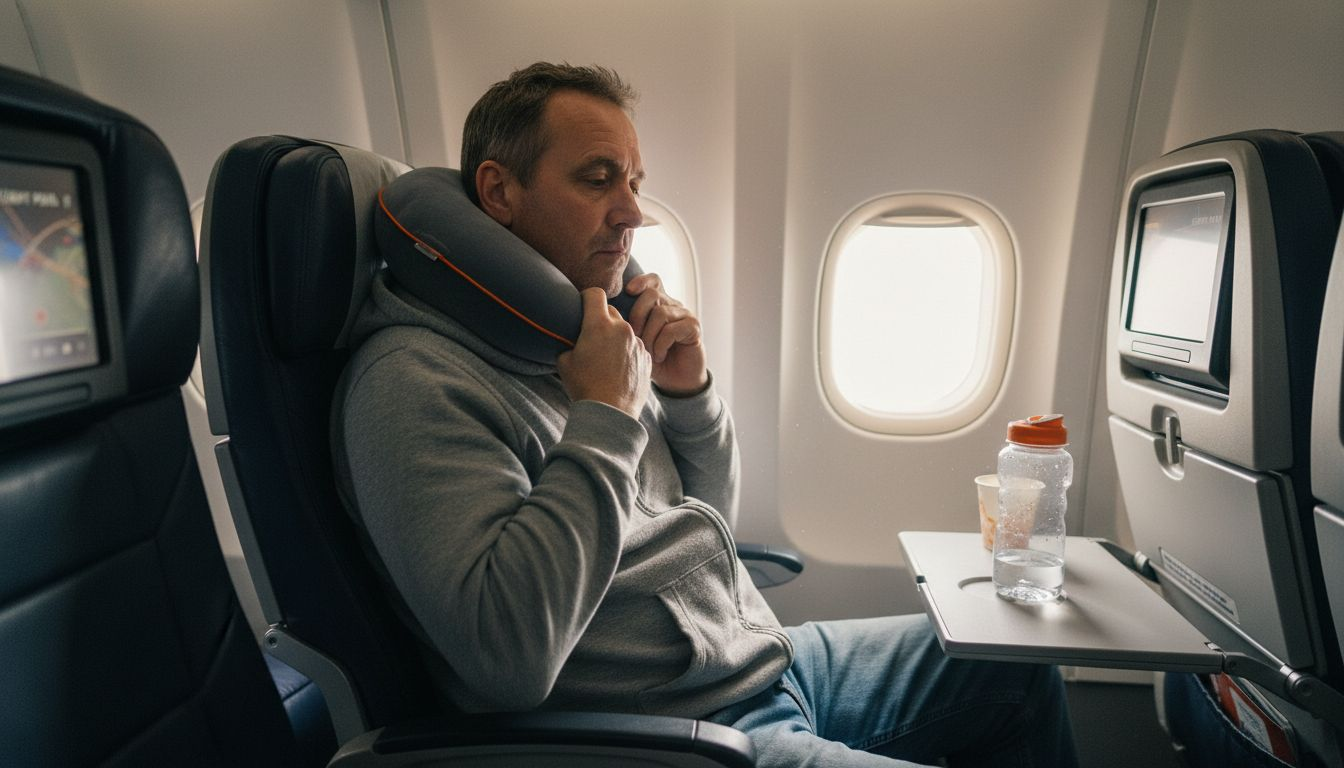 Traveler applying neck pillow in airplane seat