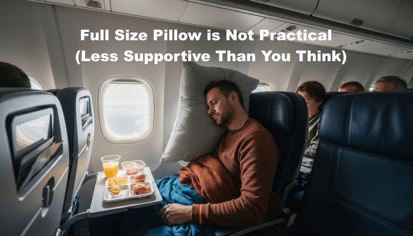 Tired traveler struggling with neck pillow on plane