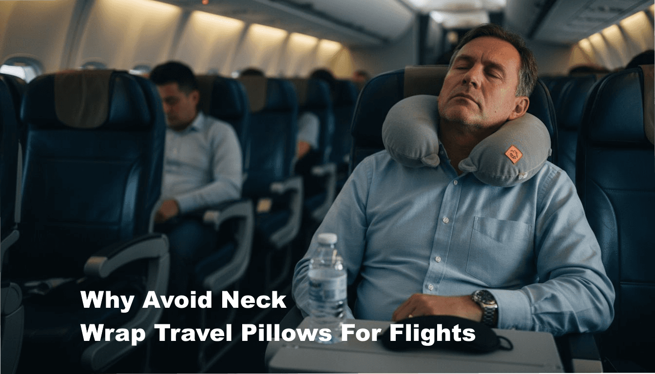 Traveler struggling with neck pillow on airplane