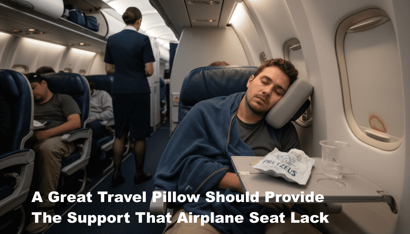 Economy traveler sleeping with travel pillow on airplane