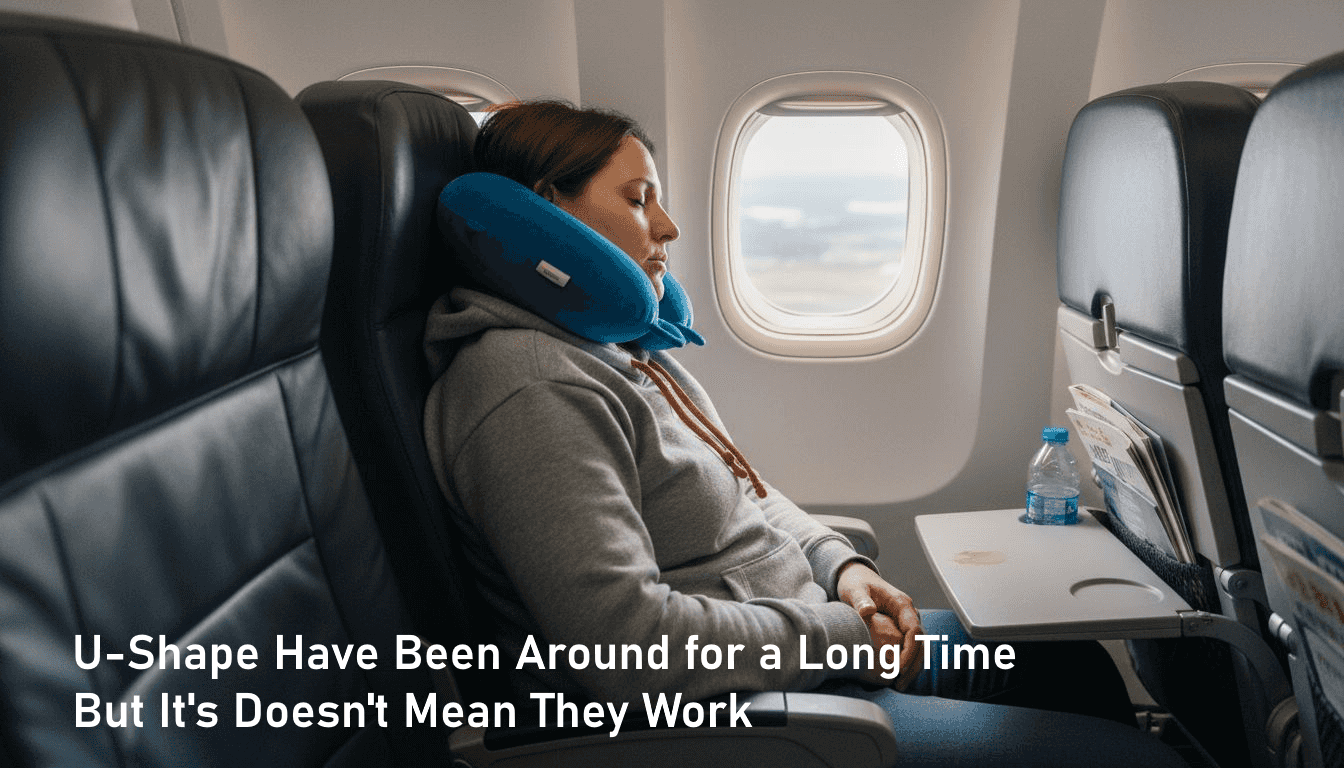 Traveler resting with neck pillow in airplane seat
