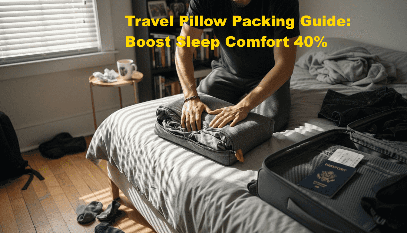Person packing clothes into travel pillow on bed