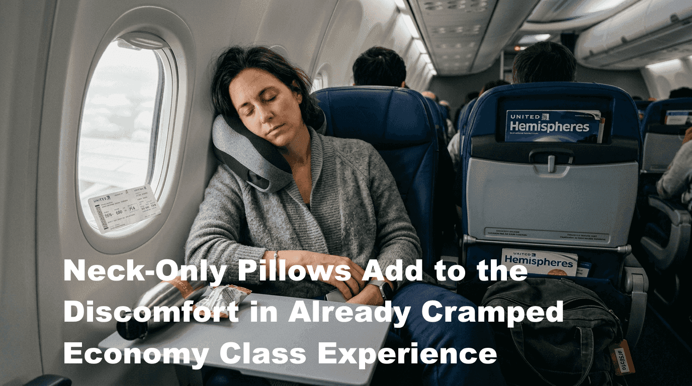 Airline passenger using ergonomic travel pillow