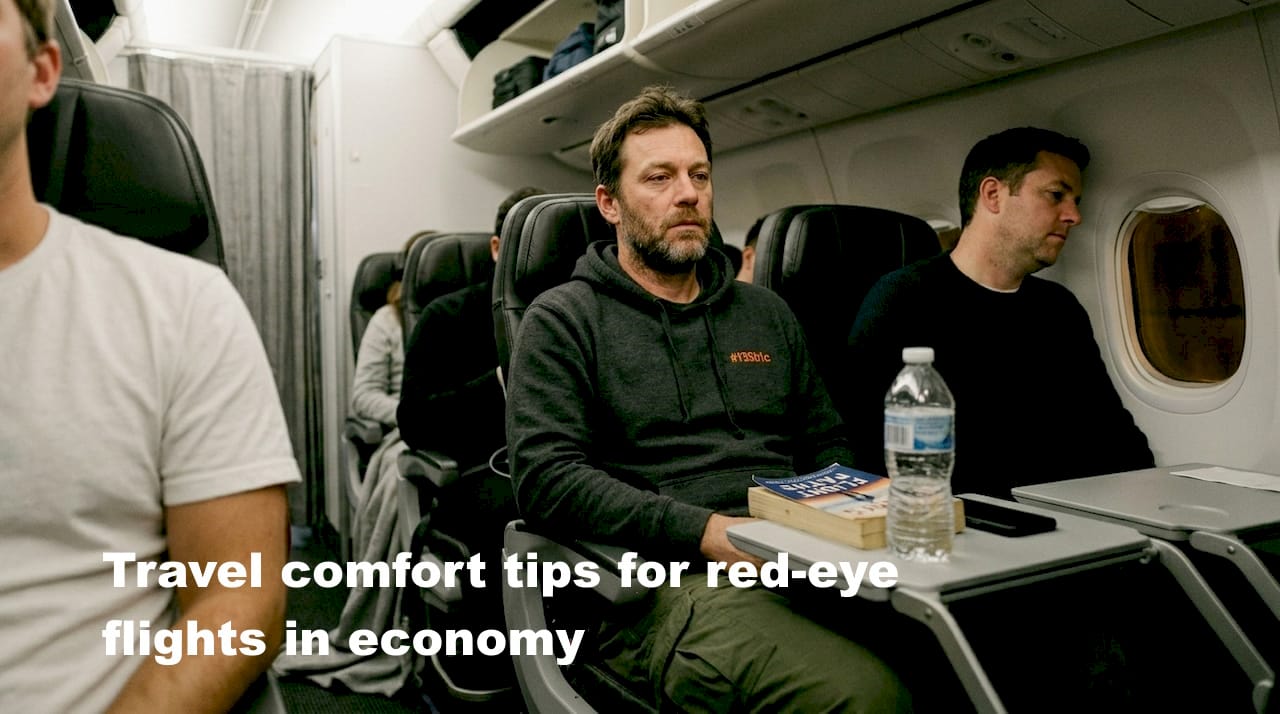 Traveler using comfort items on overnight flight