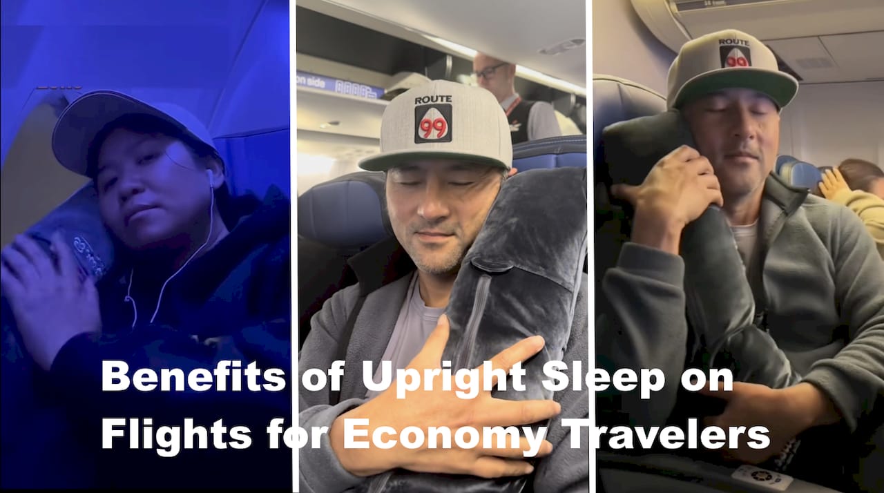 Traveler using pillow for upright airline sleep