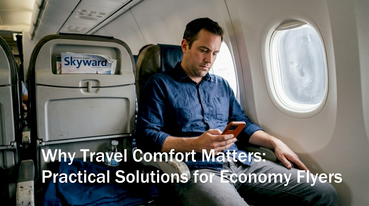 Business traveler seated in cramped economy row