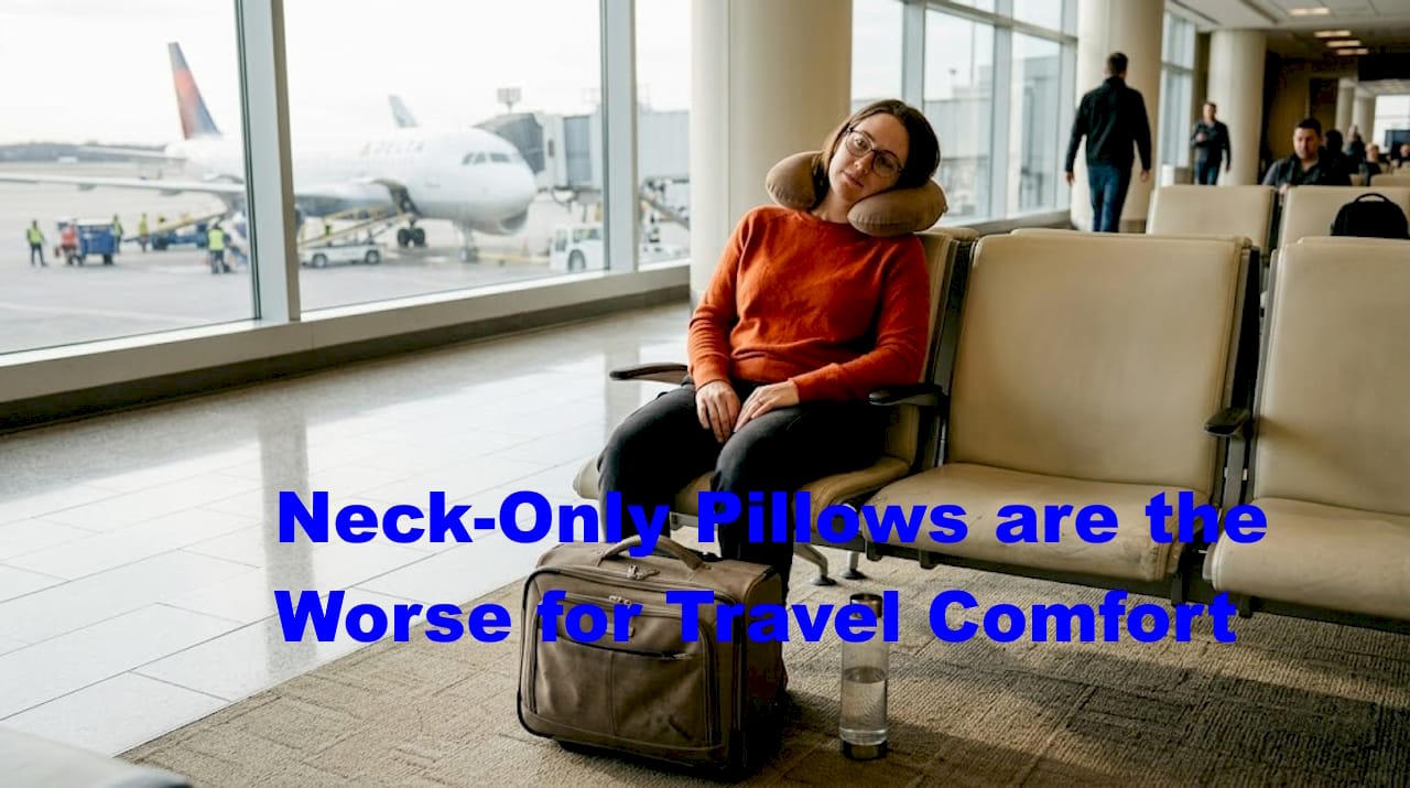 Woman using ergonomic pillow in bright airport lounge