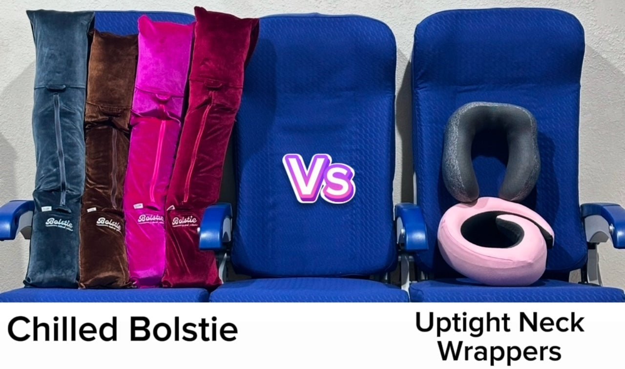 Comparison of U shaped neck pillow and diagonal support travel pillow on airplane