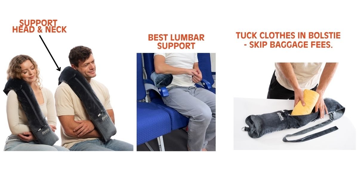 Stuffable travel pillow holding clothes and supporting upright sleep. Travel gift for dad