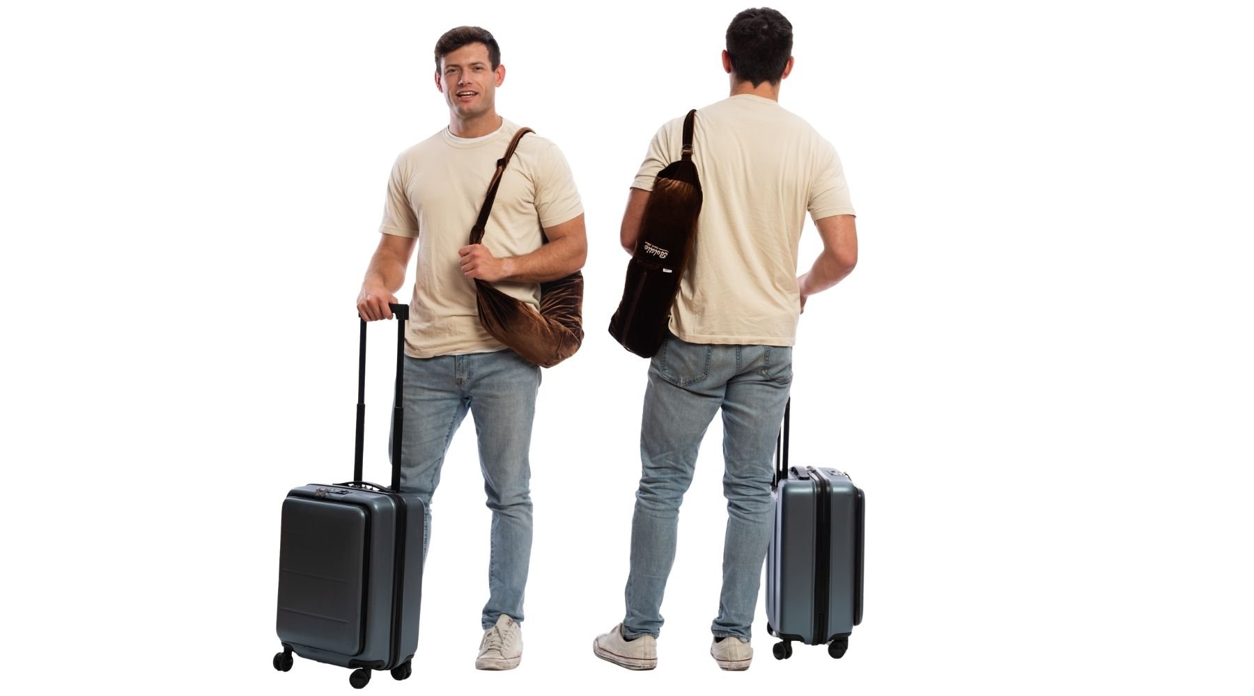 Economy class travel pillow supporting body diagonally and behind lower back