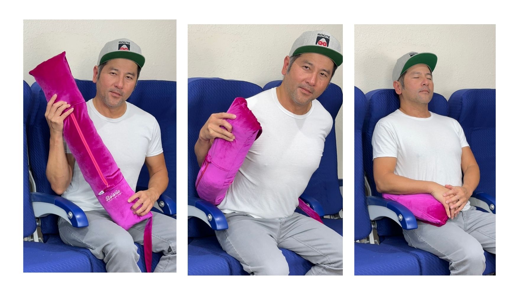 Travel pillow for long haul flights used in front diagonal hug and as lumbar support