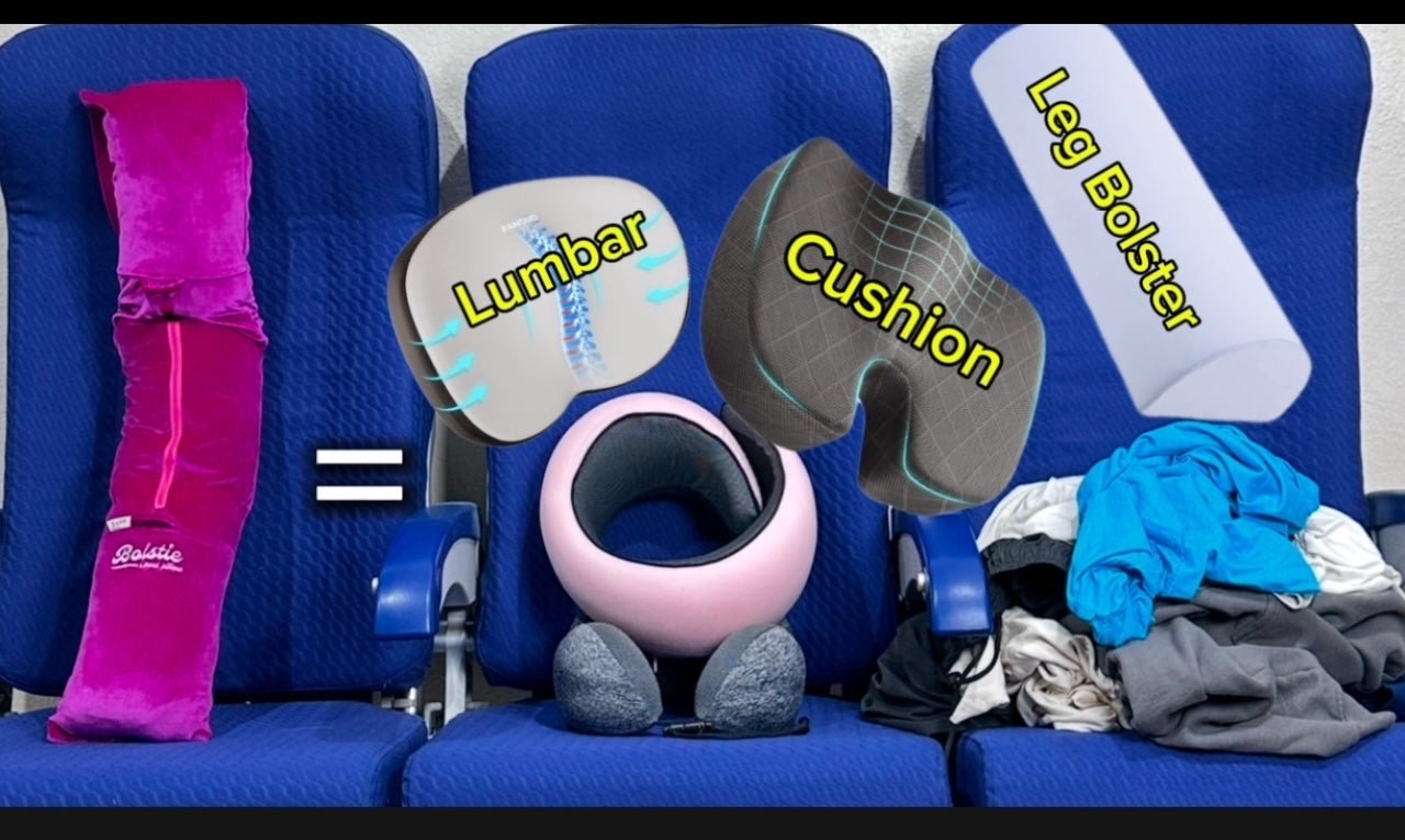 Travel pillow that holds clothing and prevents head collapse on economy flight