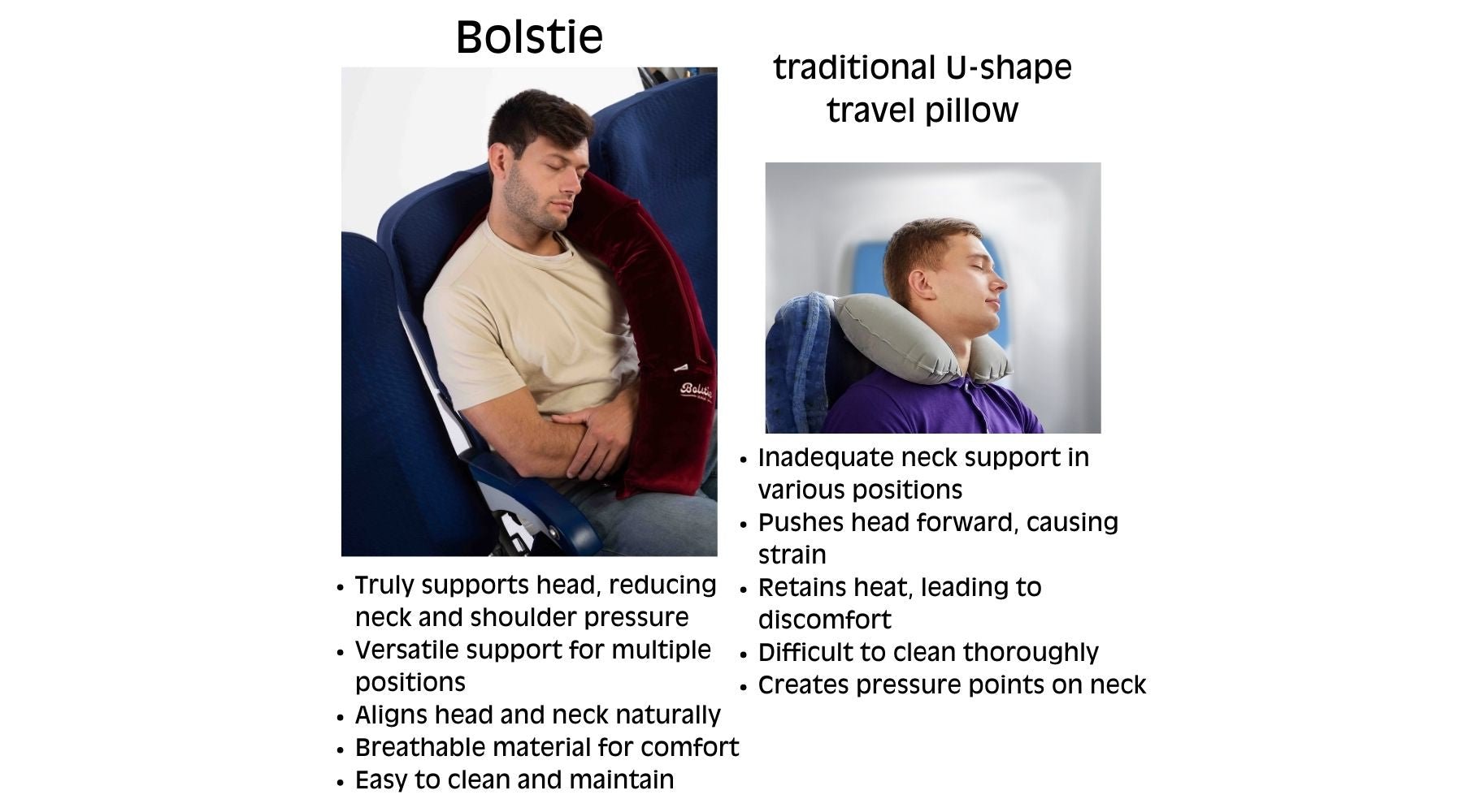 Comparison of neck wrap pillow versus diagonal support travel pillow on airplane