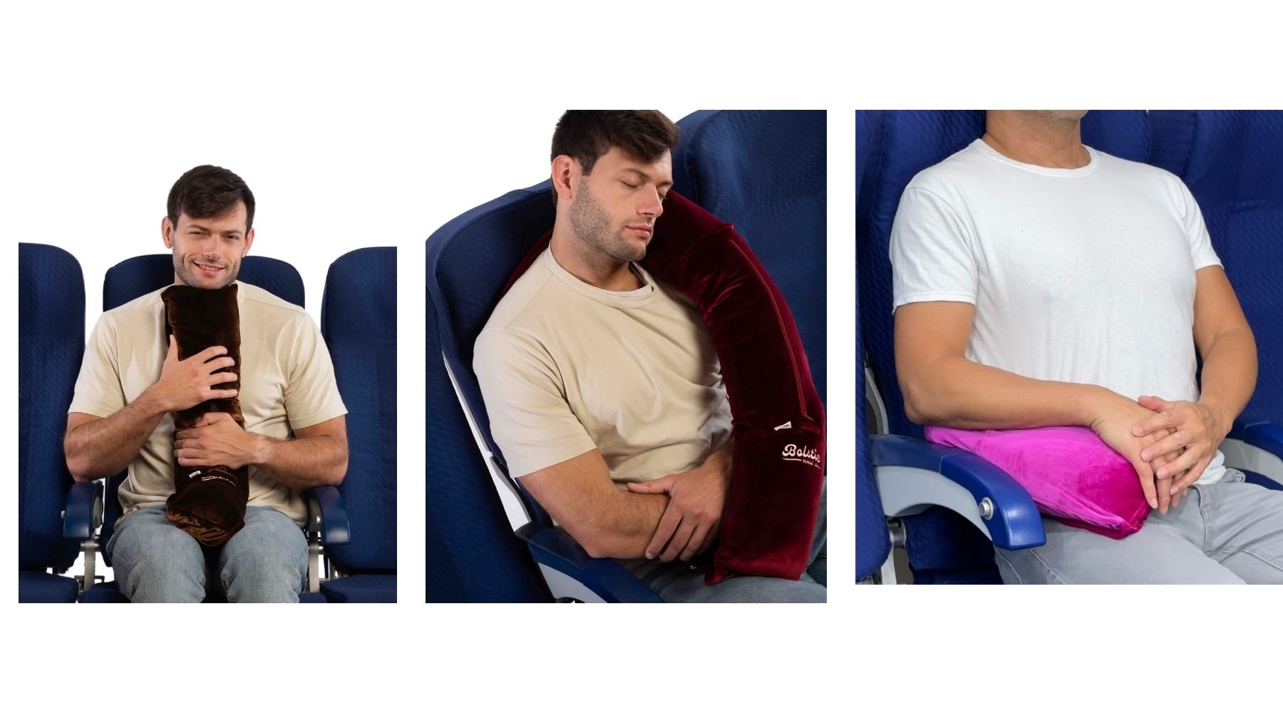 Economy class travel pillow supporting body diagonally and behind lower back