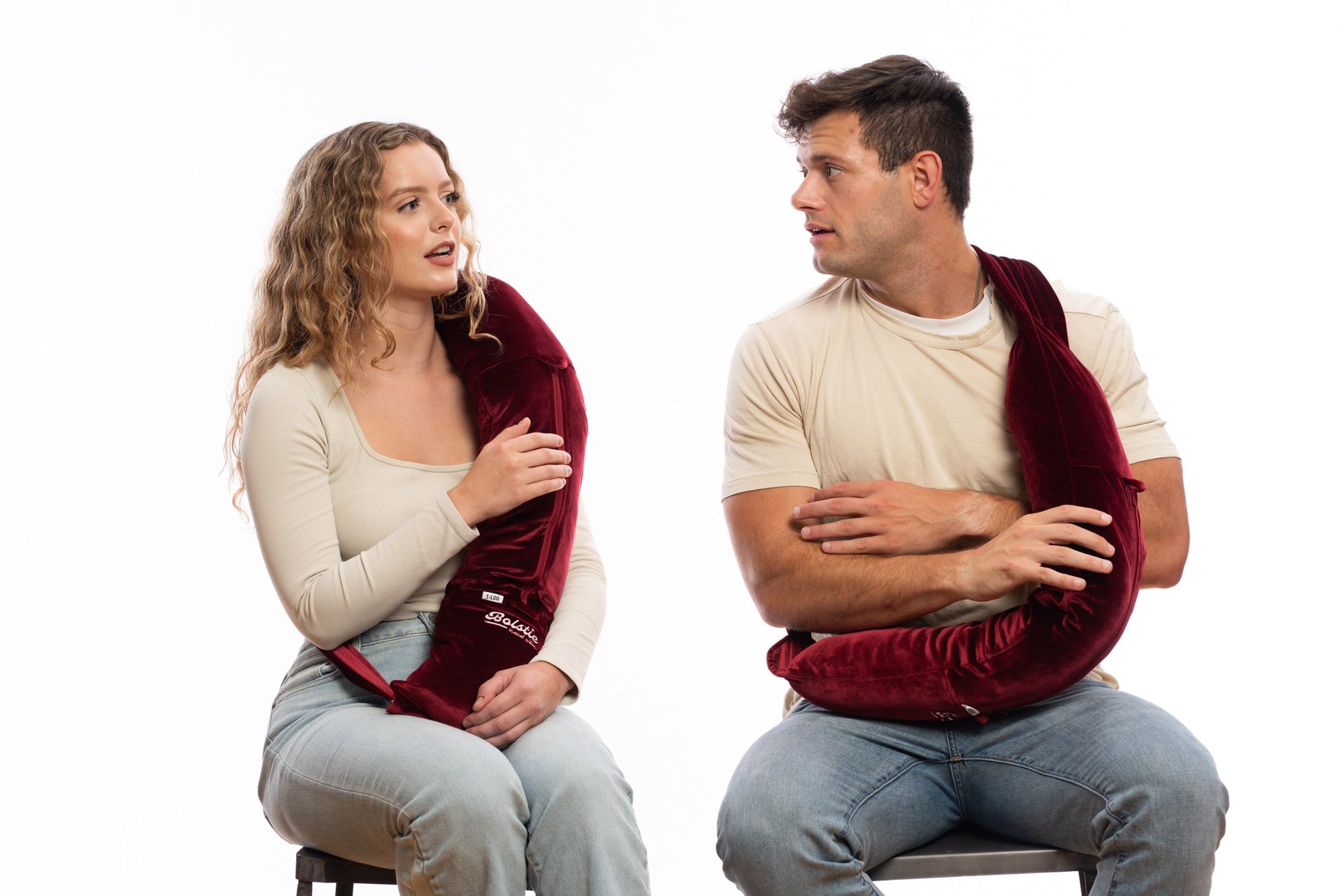 Travel pillow for upright sleeping used across chest for good sleep