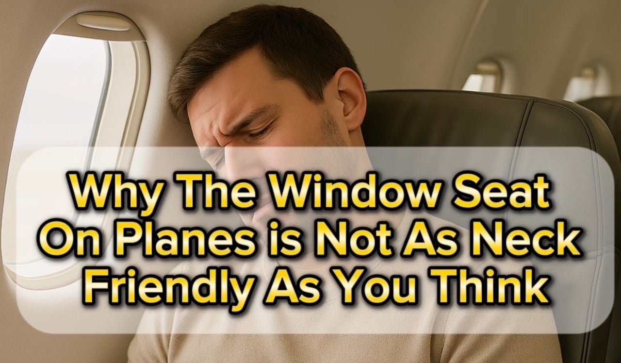Traveler leaning against airplane window with supportive travel pillow
