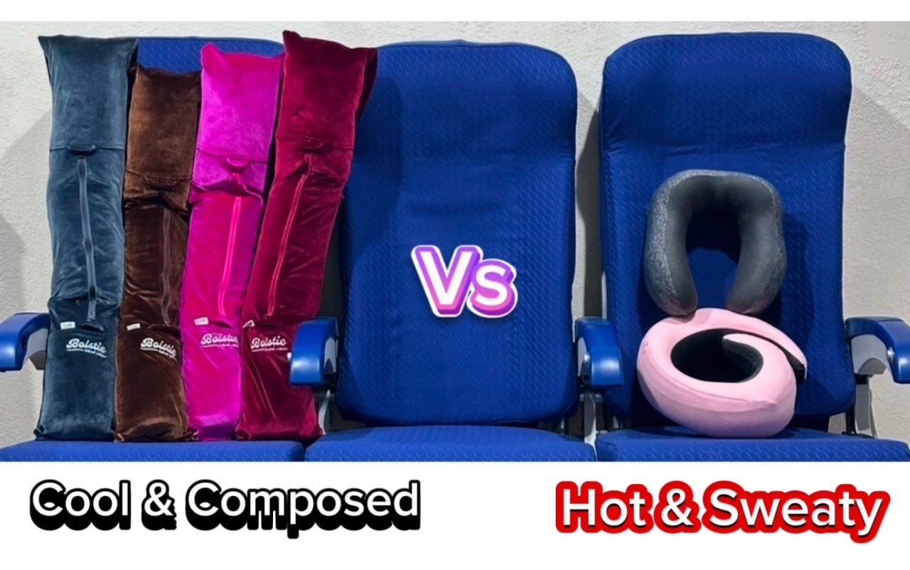 Comparison of neck wrap pillow versus diagonal support travel pillow on airplane